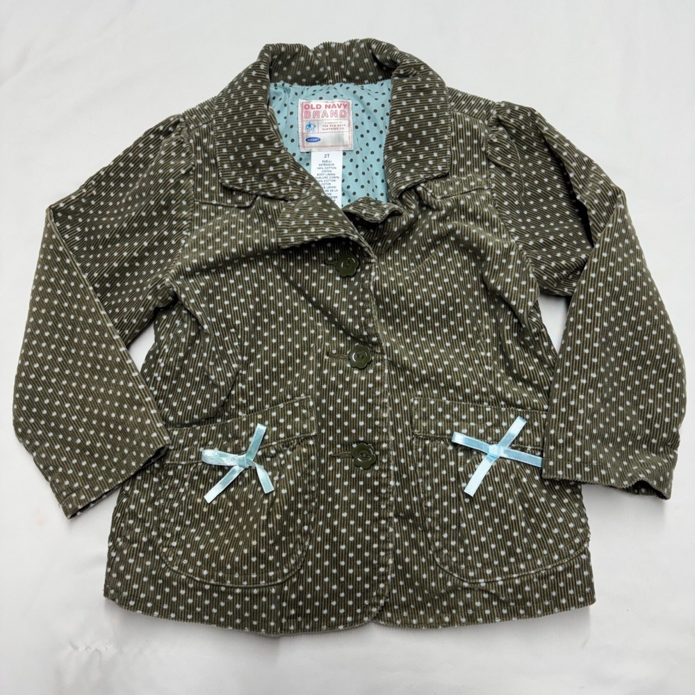 Old Navy Toddler Girls 2T Olive Green Polka Dot Corduroy Jacket Bows Vintage 05